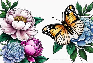 Vibrant peony with hydrangea and leaves and a bee lilac flowers tattoo idea