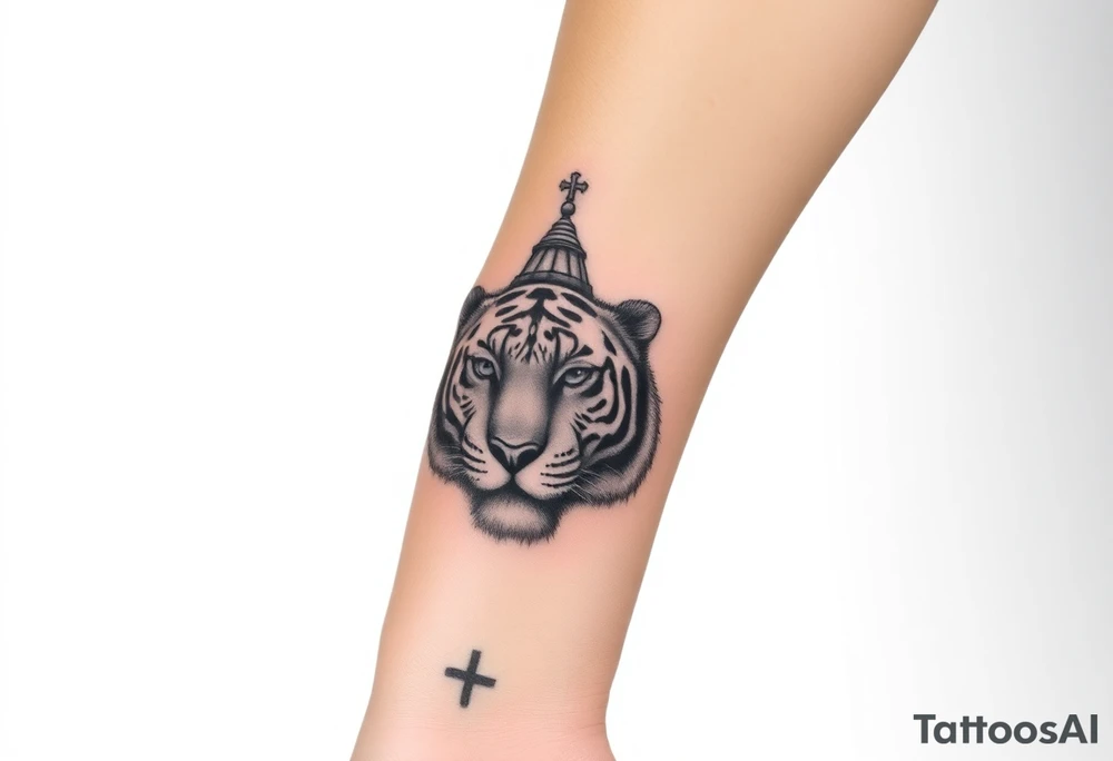Realistic tiger face on the back of the hand with strong contrast and fine detail. Forearm features a highly detailed Russian Orthodox cathedral with onion domes and crosses, done in fine line, engraving-like style. Cohesive composition, black ink only, no color, high contrast, slightly aged, documentary-style, plain light background. tattoo idea