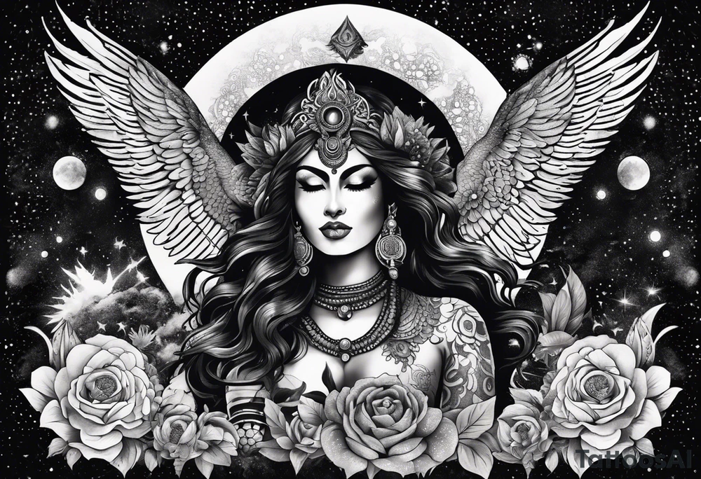 black kali, goddess pirate, alien, angel, pachamama, valkrye, warrior, flying, skull, lotus azul, wing, eagle, zenza resonance, stars, 5D, anahata chakra, death, durga, riding on a tiger, flying lady, kundalini, chest tatoo, samuri, rebel, serpent tattoo idea