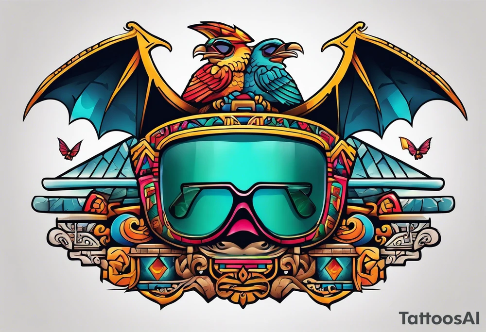 Colorful ancient Mayan hieroglyph wearing sunglasses reflecting Chichen itza and bats tattoo idea