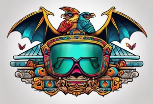 Colorful ancient Mayan hieroglyph wearing sunglasses reflecting Chichen itza and bats tattoo idea