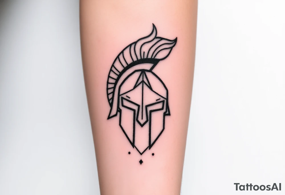 A modern, geometric Spartan helmet tattoo with sharp angular lines and symmetrical shapes, representing strength and resilience. Abstract flames or smoke rise from the helmet, symbolizing inner fire and passion. The design uses bold black linework and strategic negative space for crisp contrast and a contemporary look. Small cracks and dot details add depth and subtle imperfection, reflecting complexity and attention to detail. tattoo idea