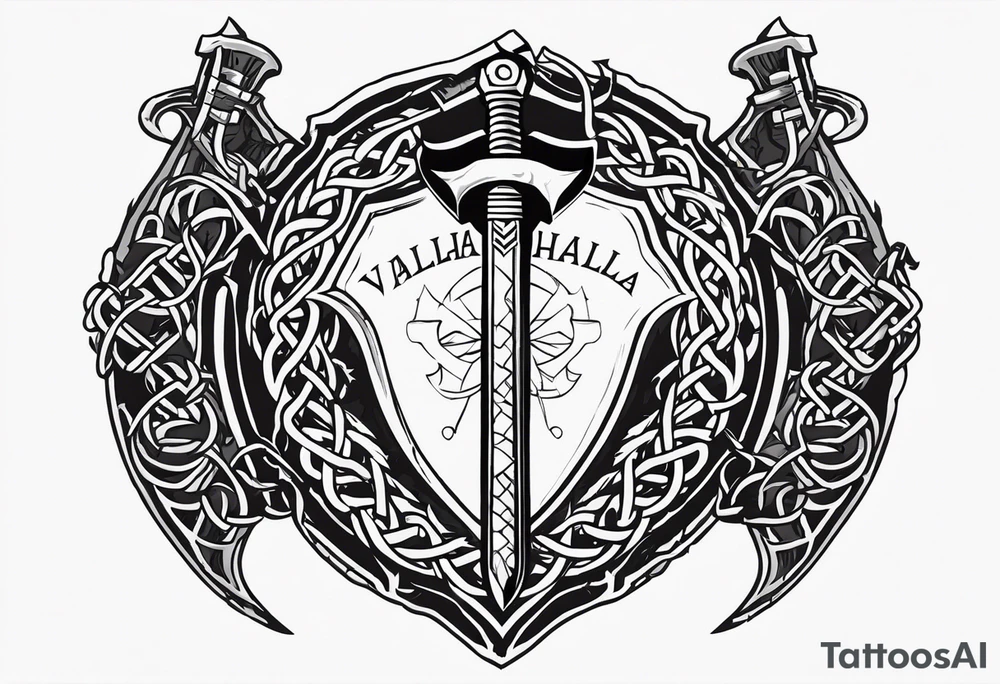 Valhalla sword round shield axe barbed wire chains tattoo idea