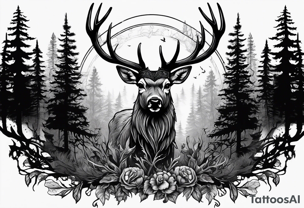 A frightening horror DECAYING deer head JUST BONE surrounded by a forest fire in background tattoo idea