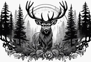 A frightening horror DECAYING deer head JUST BONE surrounded by a forest fire in background tattoo idea