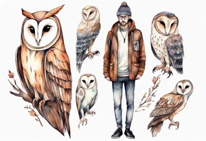 a skinny man with long legs and the head of a barn owl wearing wool leggings and poulaines tattoo idea
