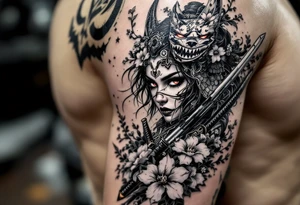 Woman samurai with red eyes wearing an half and broken kitsune mask, holding 
two katana and Sakura flowers ornement tattoo idea