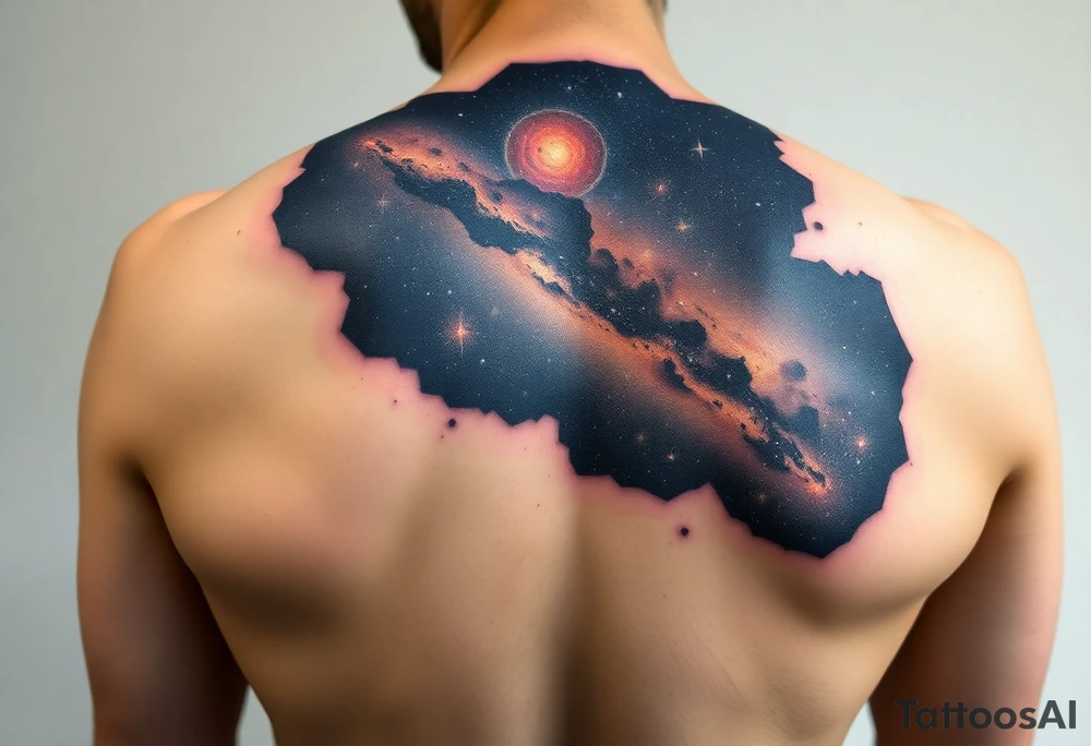 Beautiful and epic 3d milky way that appears to be what is beneath the skin. Make it drape over the shoulder and move to the middle back. use negative spaces to create stars and dust. Incorporate God breathing life into the universe. Keep it symmetrical tattoo idea