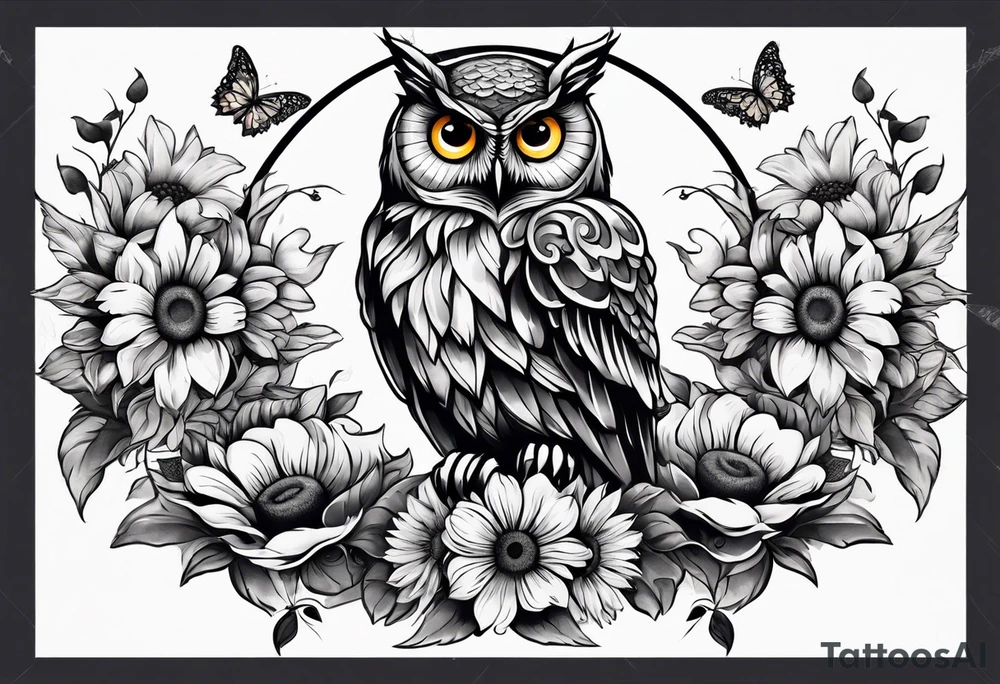 Owl with angel wings surrounded by sunflowers and butterflies sleeve tattoo idea
