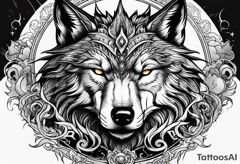 wolf with a dragon and lightning and the moon in the background tattoo idea