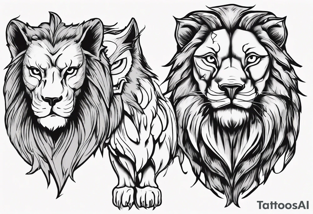 A lion looking forward, with a stern expression. Behind and to the left of the lion, is a wolf looking slightly to the left, with a stern expression. Behind and to the right of the lion, is an owl looking slightly to the right, with a stern expression. tattoo idea