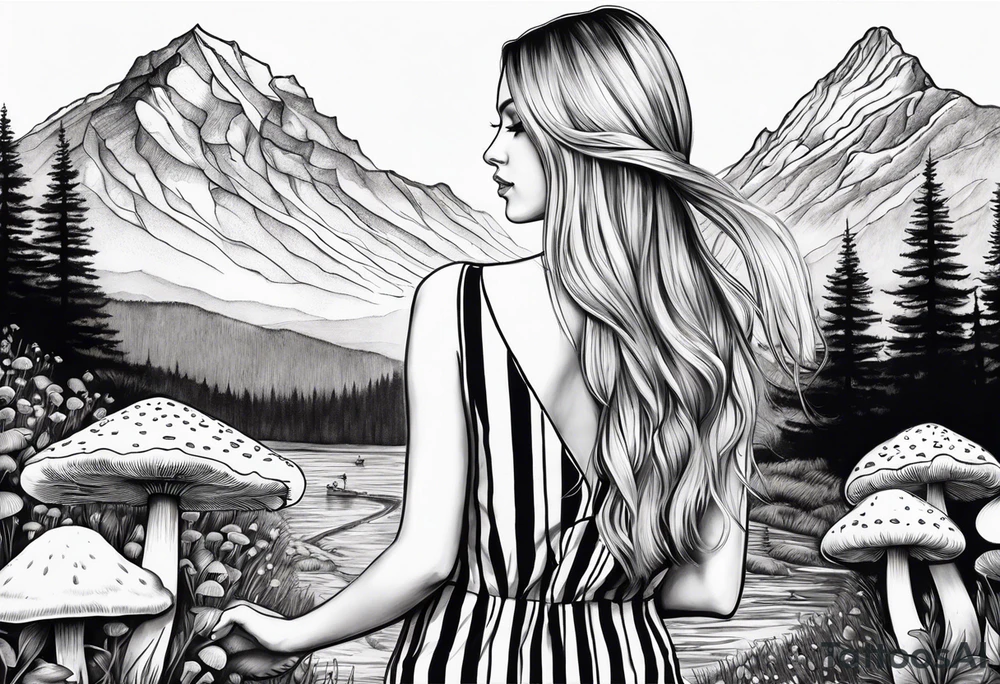 Straight long blonde hair girl holding mushrooms in hand facing away toward mountains surrounded by mushrooms black and white striped dress tattoo idea