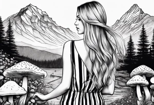 Straight long blonde hair girl holding mushrooms in hand facing away toward mountains surrounded by mushrooms black and white striped dress tattoo idea