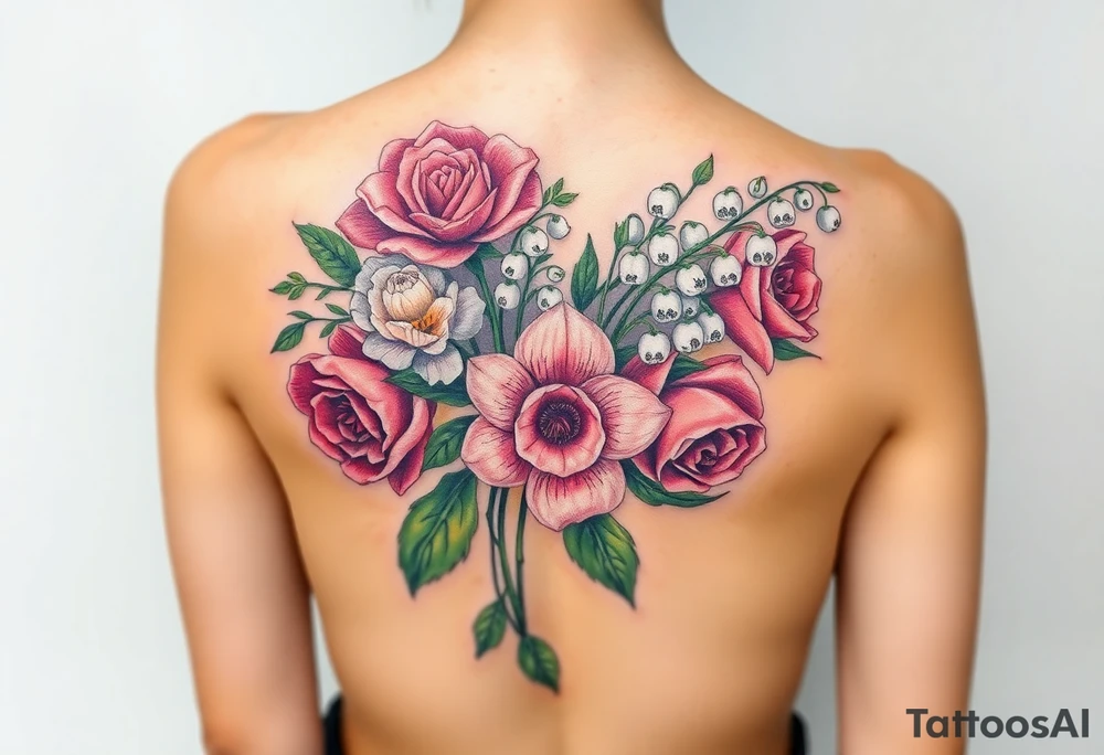 BouquetCarnation, Astor, Rose, Lily of the valley, Larkspur with realistic, stems, running down middle of the back With no black tattoo idea