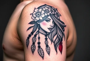 Half sleeve on arm. I already have a girl with flower crown in my shoulder and upper outer arm. Add a dream catcher and Catrina face. Use black and red ink. tattoo idea