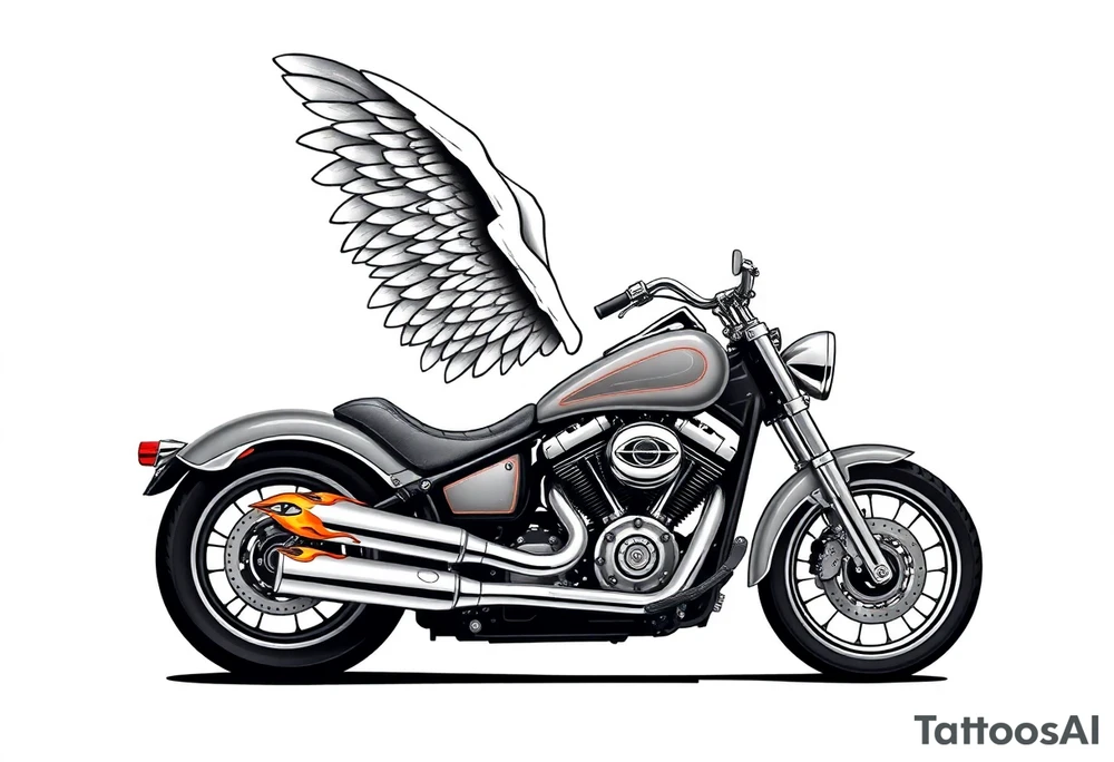 Low rider grey motorcycle, big muffler pipes with flames, angel wings, driving away, no person tattoo idea