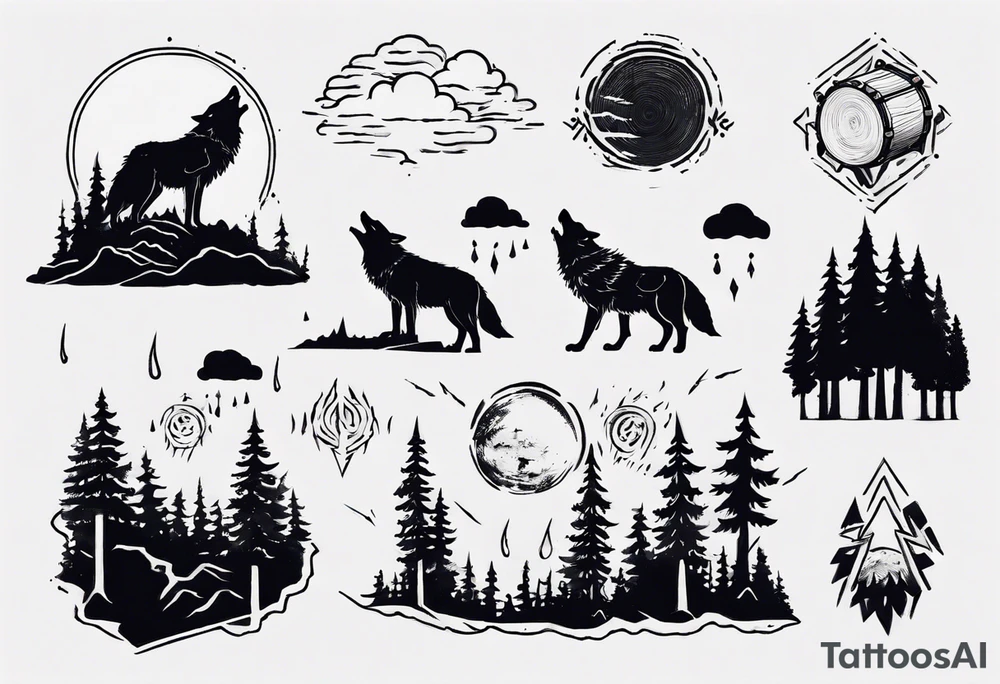 thunderstorm over a forest with a wolf howling on drums tattoo idea thunderstorm over a forest with a wolf howling on drums tattoo idea