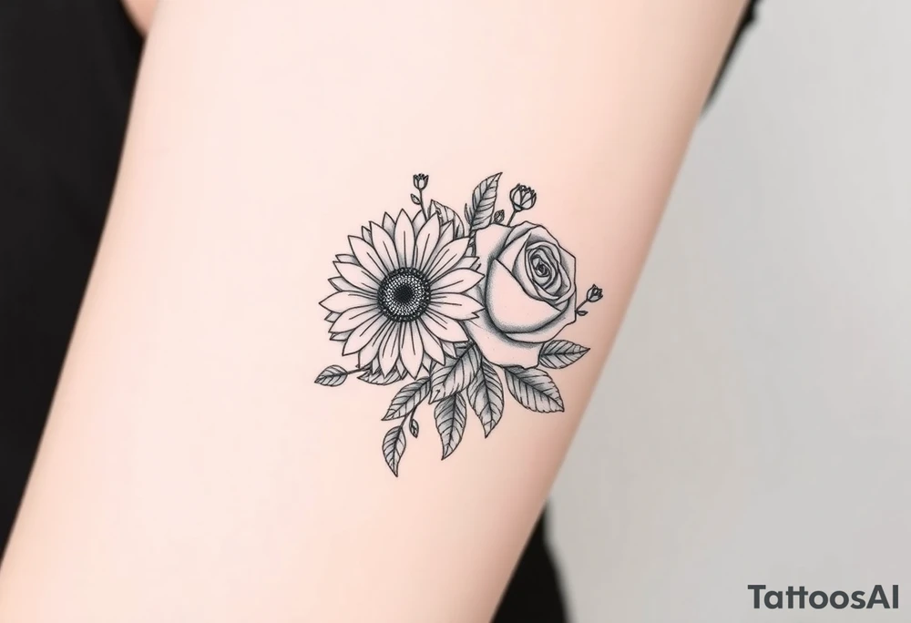 bouquet of 2 flowers, a sunflower and a rose surrounded by a lot greenery, leaves and smaller flower buds. tattoo idea