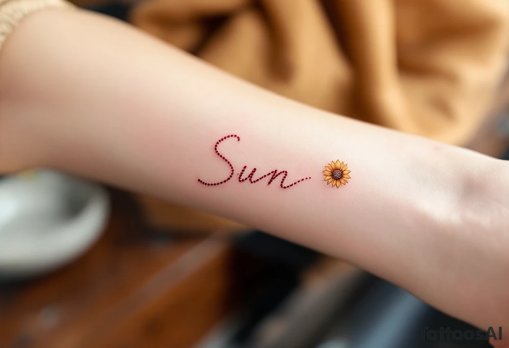 Word "Sun" written vertical with small sunflower in pink tattoo idea