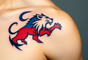 A Czech flag (blue. white and red) morphing into a roaring lion, symbolizing national pride and strength, with deep red, white, and royal blue tones. tattoo idea