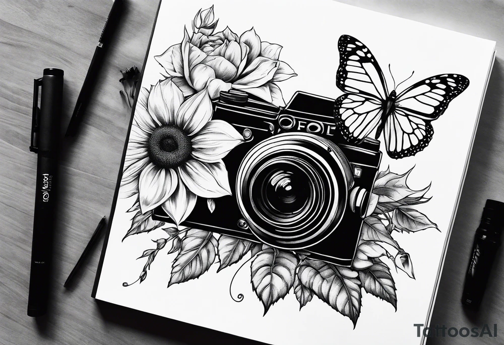 Book, sunflower, camera, butterfly, flower rose tattoo idea