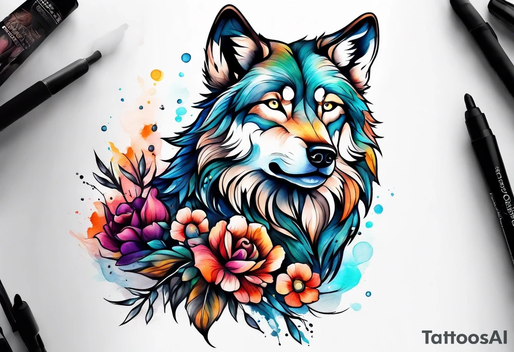 Fluffy wolf sitting tattoo idea