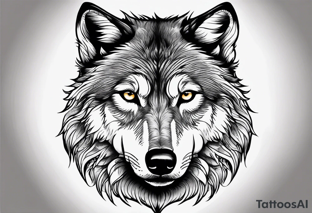 frontal lone wolf face, lonely but wise, staring at moon tattoo idea