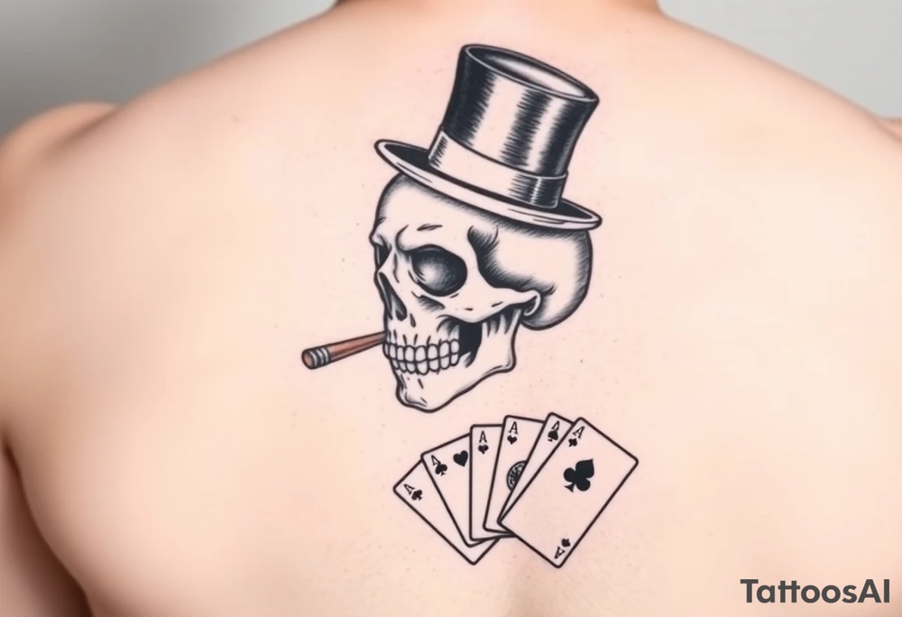 skull with mustache, cigar in his mouth,top-hat on his head and playing cards in his hand. tattoo idea