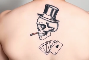 skull with mustache, cigar in his mouth,top-hat on his head and playing cards in his hand. tattoo idea