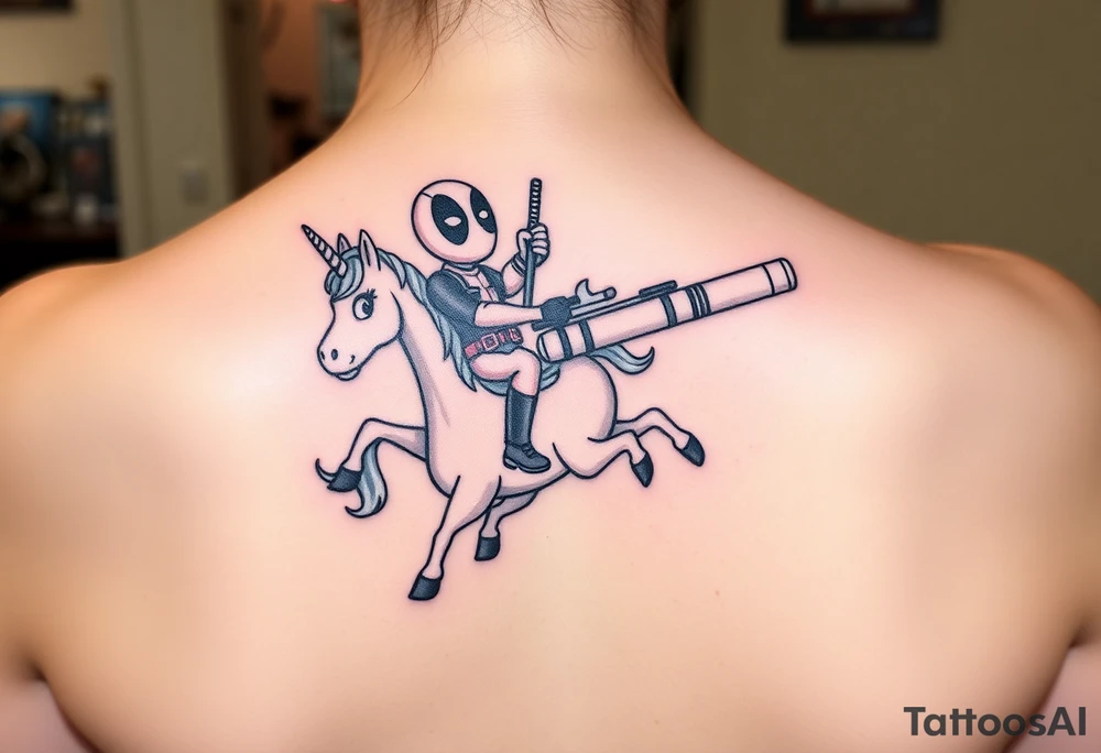 Deadpool riding unicorn pointing rocket propelled grenade launcher tattoo idea