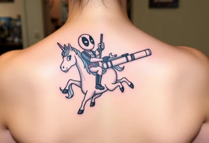 Deadpool riding unicorn pointing rocket propelled grenade launcher tattoo idea