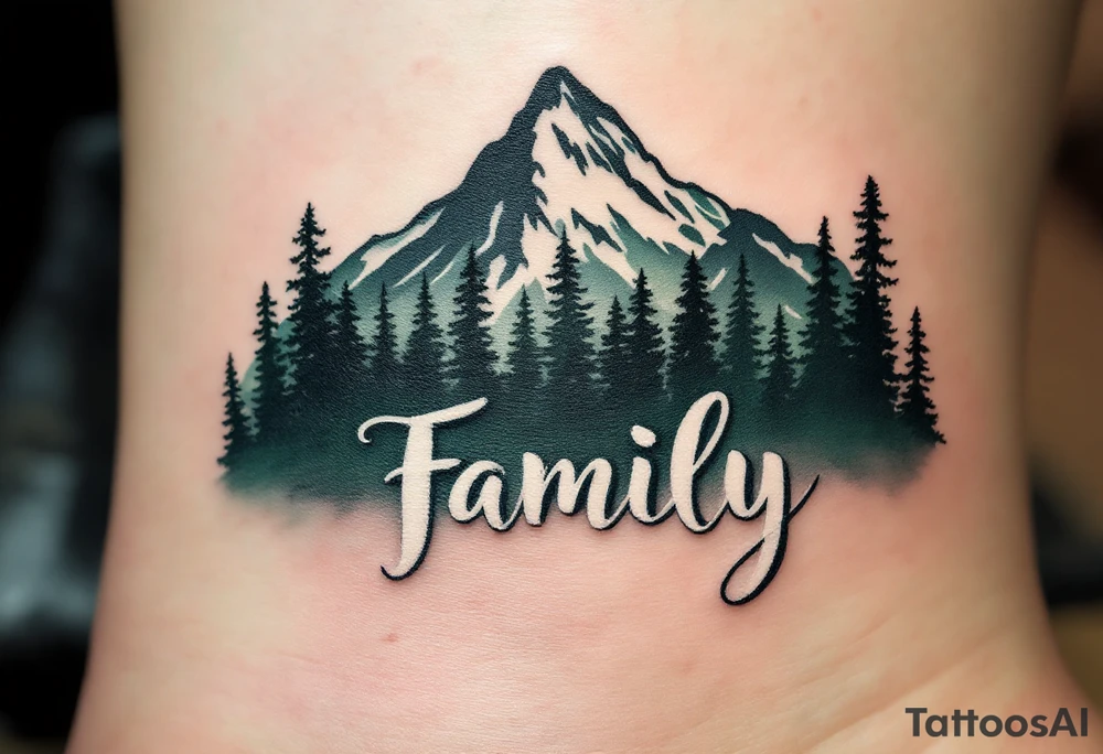 Family in delicate calligraphy beneath a mountain landscape shaded in charcoal and forest green. tattoo idea