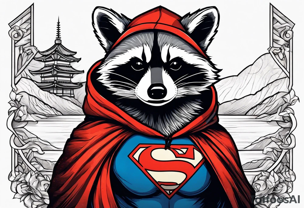 raccoon wearing a Superman hoodie tattoo idea