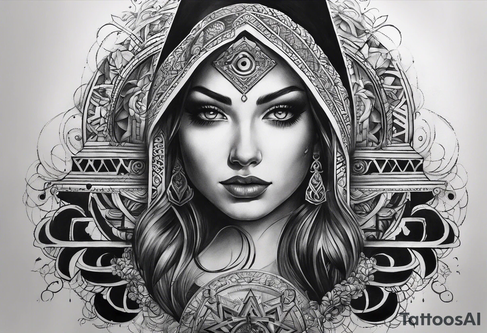 I want a mysterious enigmatic tattoo, with mysterious symbols and phrases, with the meaning of curiosity about conspiracy theories, the future, and the past, something that completes the upper part of the arm that is between the middle of the arm and the shoulder tattoo idea