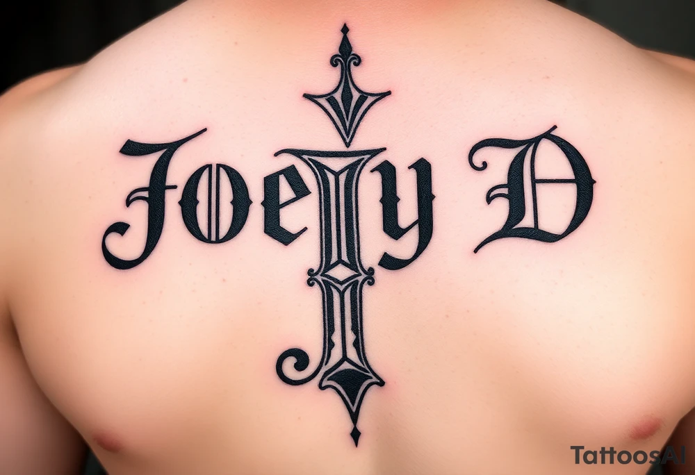 The words Joey D written with a large scale Roman style letter J tattoo idea