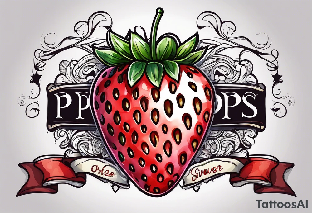 One strawberry wrapped in banner that says Pops with no background tattoo idea