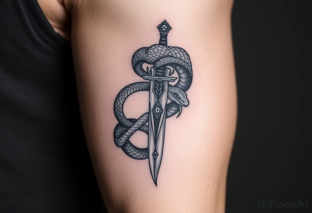mystical snake coiled around an ancient dagger with jeweled hilt tattoo idea