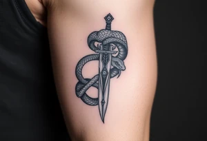 mystical snake coiled around an ancient dagger with jeweled hilt tattoo idea
