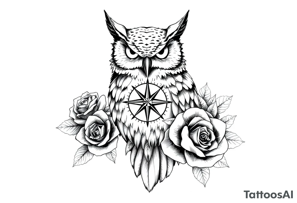 an owl,compass,roses, tattoo idea