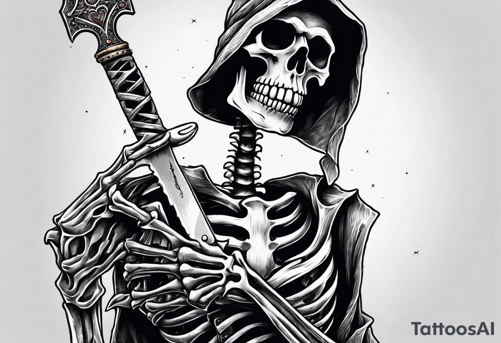 depressed skeleton holding his heart out in his hand with a knife through it tattoo idea