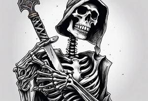 depressed skeleton holding his heart out in his hand with a knife through it tattoo idea