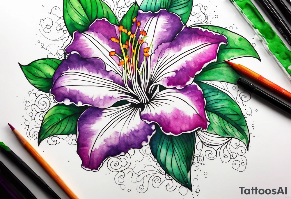 An outline of a rio dipladenia flower with a green/purple watercolor splash in the background tattoo idea