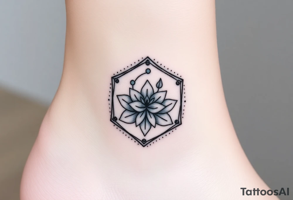 Hexagon with a Leo constellation, larkspur and water lilies in the center tattoo idea