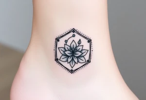 Hexagon with a Leo constellation, larkspur and water lilies in the center tattoo idea