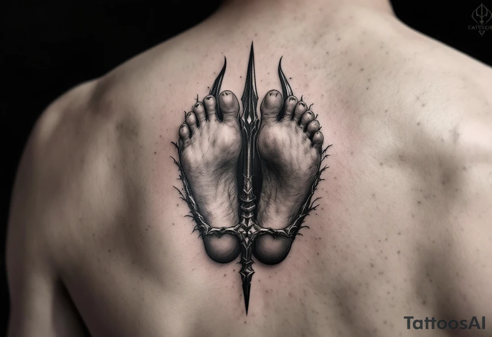 barefeet behind trident tattoo idea