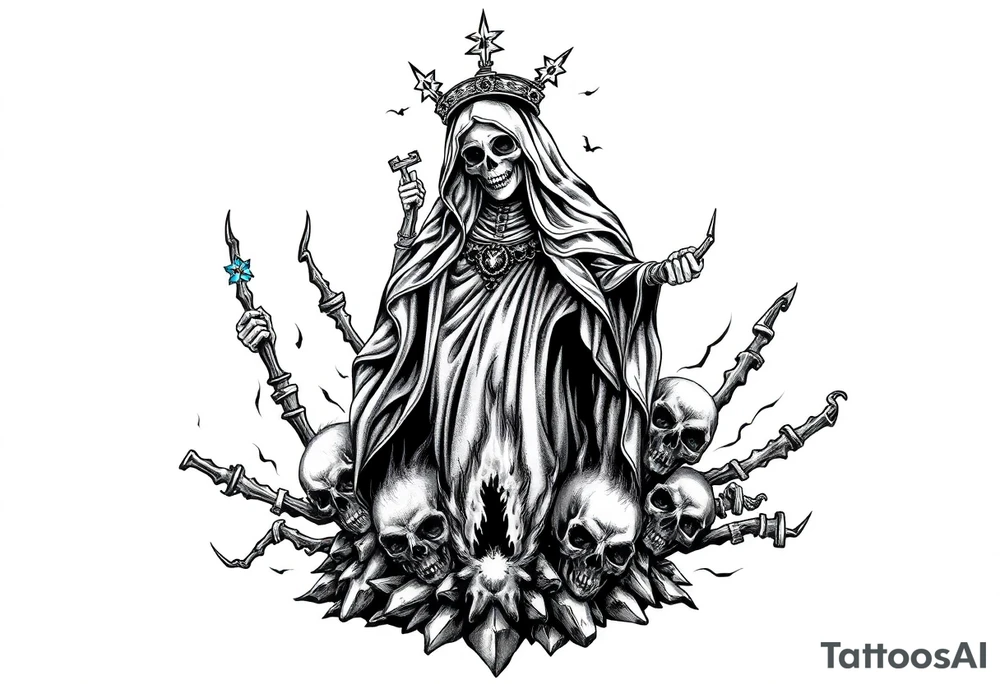 Powerful and evil Santa muerte rising from the flames and ashes of hell, surrounded by unclaimed souls tattoo idea