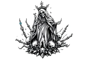 Powerful and evil Santa muerte rising from the flames and ashes of hell, surrounded by unclaimed souls tattoo idea