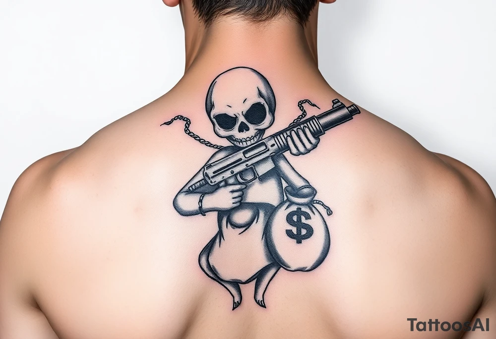 Scary Evil voodoo doll with a glock with a extended magazine and money bag full of money tattoo idea