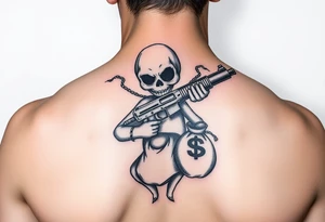 Scary Evil voodoo doll with a glock with a extended magazine and money bag full of money tattoo idea