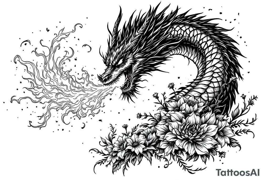 majestic scary dragon blowing fire with flowers tattoo idea